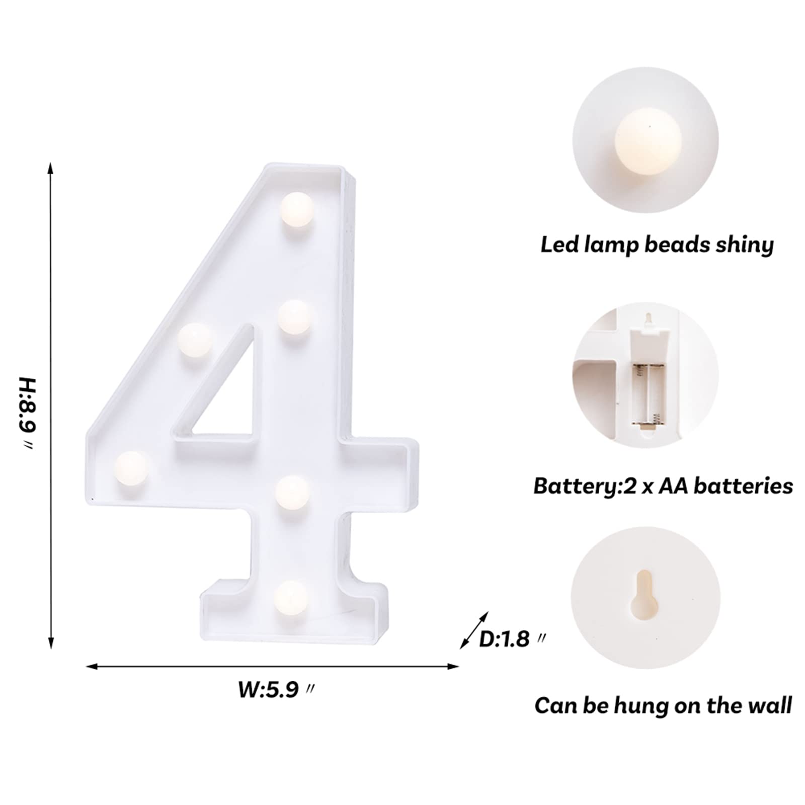 Foaky LED Light Up Number Sign, Plastic Decorative Night Light for Weddings, Birthdays, Christmas, Home Bar - Number 4