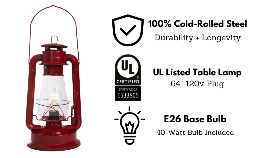 Muskoka Rustic Farmhouse Lantern Table Lamp - Dimmable Edison Bulb, Ul Listed, Red Finish