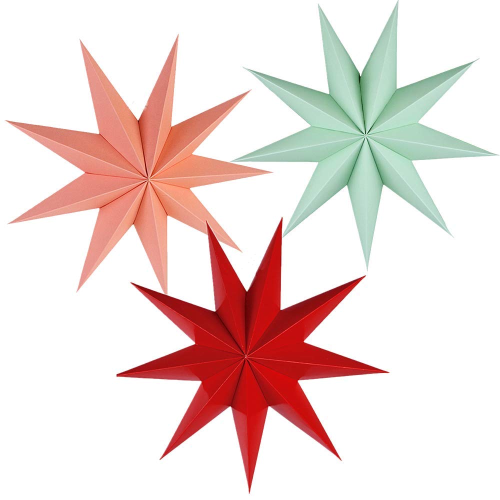 Kiddale 3 Pieces 3D 12'' Large Paper Star Red Green Pink Hanging Paper Star Decorations for Weddings, Christmas Holiday, Girls B