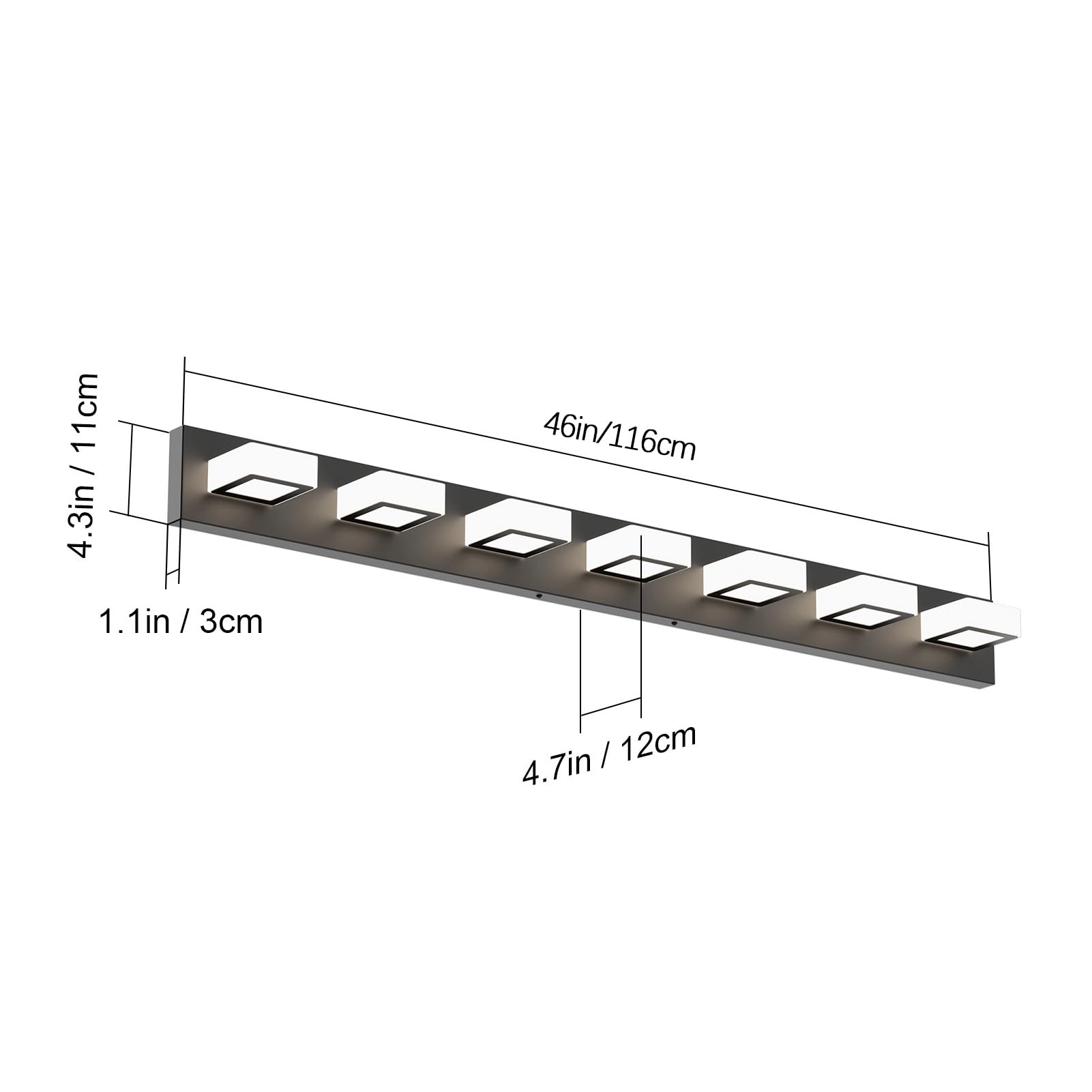 Ralbay 46 Led Vanity Lights, 7 Lights, Matte Black Metal, Natural White Light 4500K, Modern Bathroom Fixture
