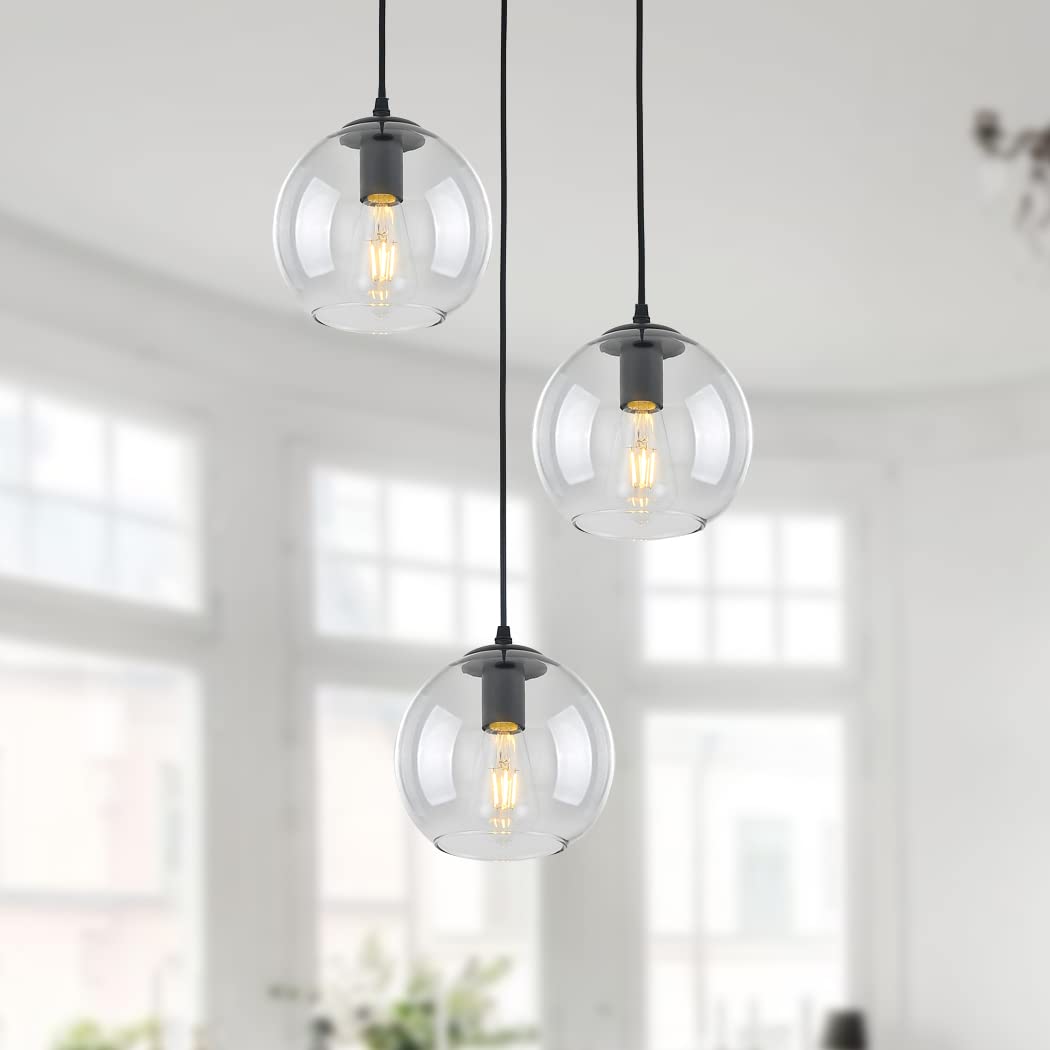 PUUPA 3 Lights Hanging Pendent Ceiling Chandelier  Mid Century Modern Industrial Farmhouse Kitchen Light with Clear Glass Shades