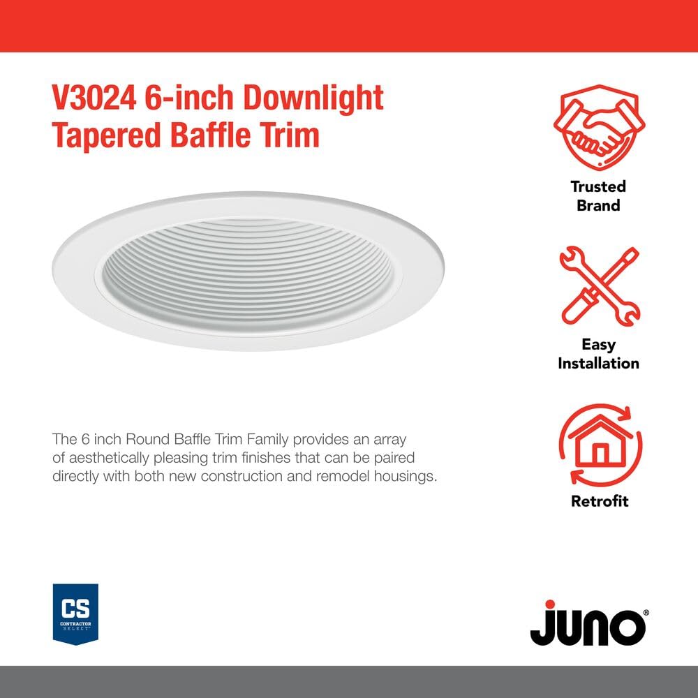 Juno Lighting V3024 Wwh 6 Inch Conical Baffle Trim Round White Vulite