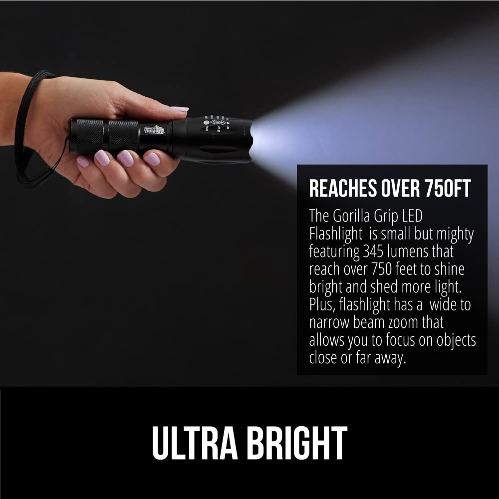 Gorilla Grip 2 Pack Led Tactical Handheld Flashlight, High Lumens, Ultra Bright 5 Mode, Long Lasting Water Resistant, 750 Ft Zoom Flashlights, Camping Accessory, Outdoor Camp Gear, Emergencies, Black