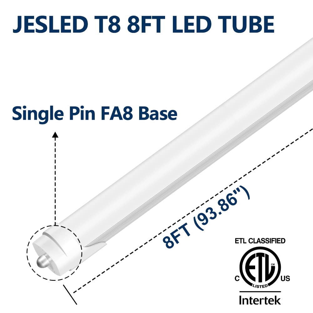 JESLED 8FT LED Tube Light Bulbs, 50W 6000LM, Frosted, 12-Pack, Single Pin FA8, 5000K Daylight White, Aluminum