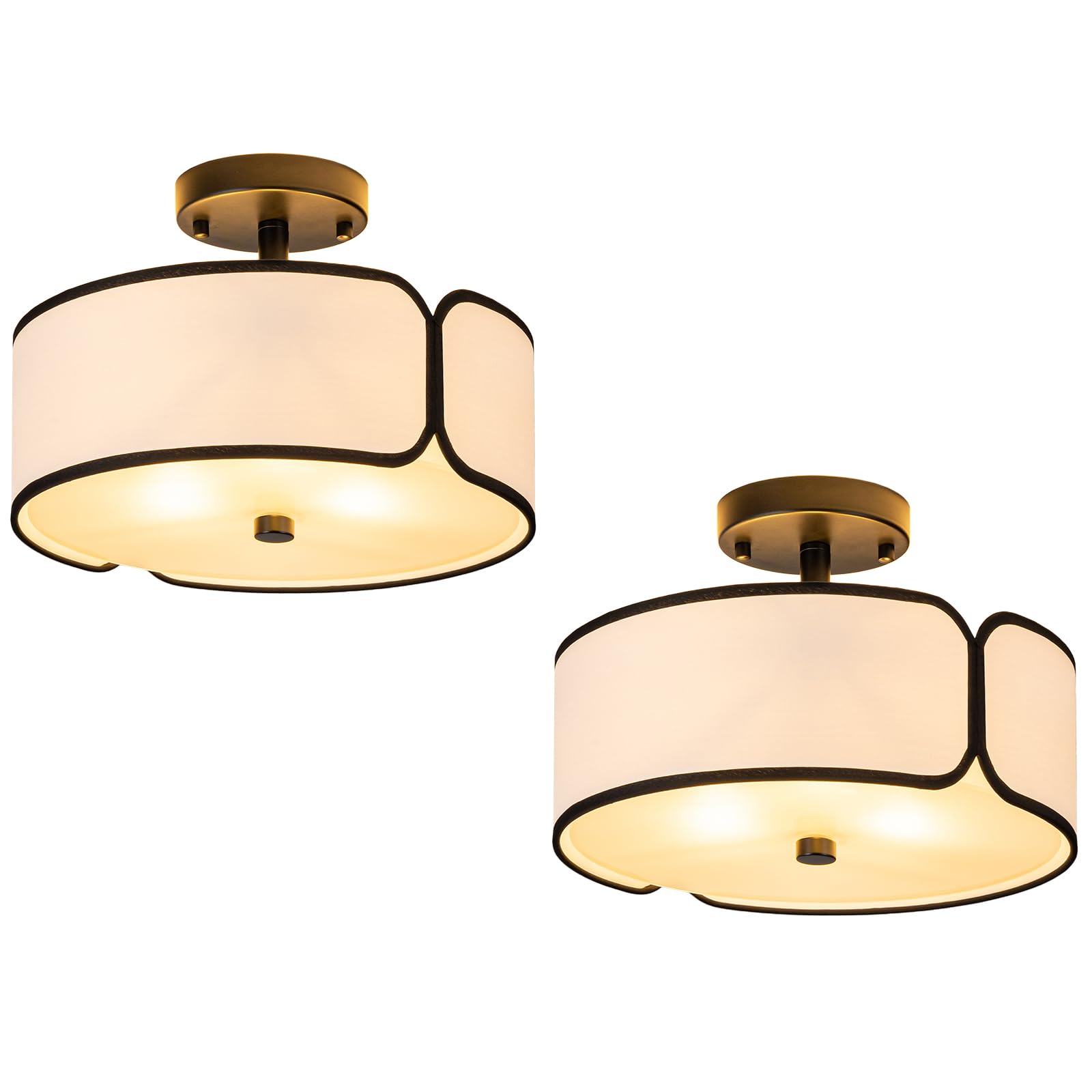 12.6'' Semi Flush Mount Ceiling Light - 3 Light Drum Light Fixture with Black Border Fabric Shade, Modern Close to Ceiling Light