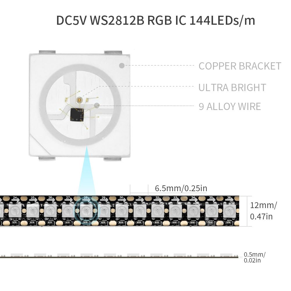 Loamlin Ws2812B Ic Rgb 5050Smd Eco Individual Addressable Led Strip Light, 3.2Ft 144Led/M Flexible Full Color Ip30 Dc5V Black Pc
