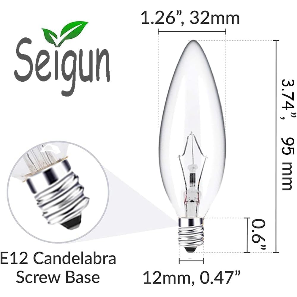 Seigun 40W Flame Shaped Dimmable Incandescent Chandelier Bulbs, E12 Clear Candelabra Base, Warm White, 6 Count