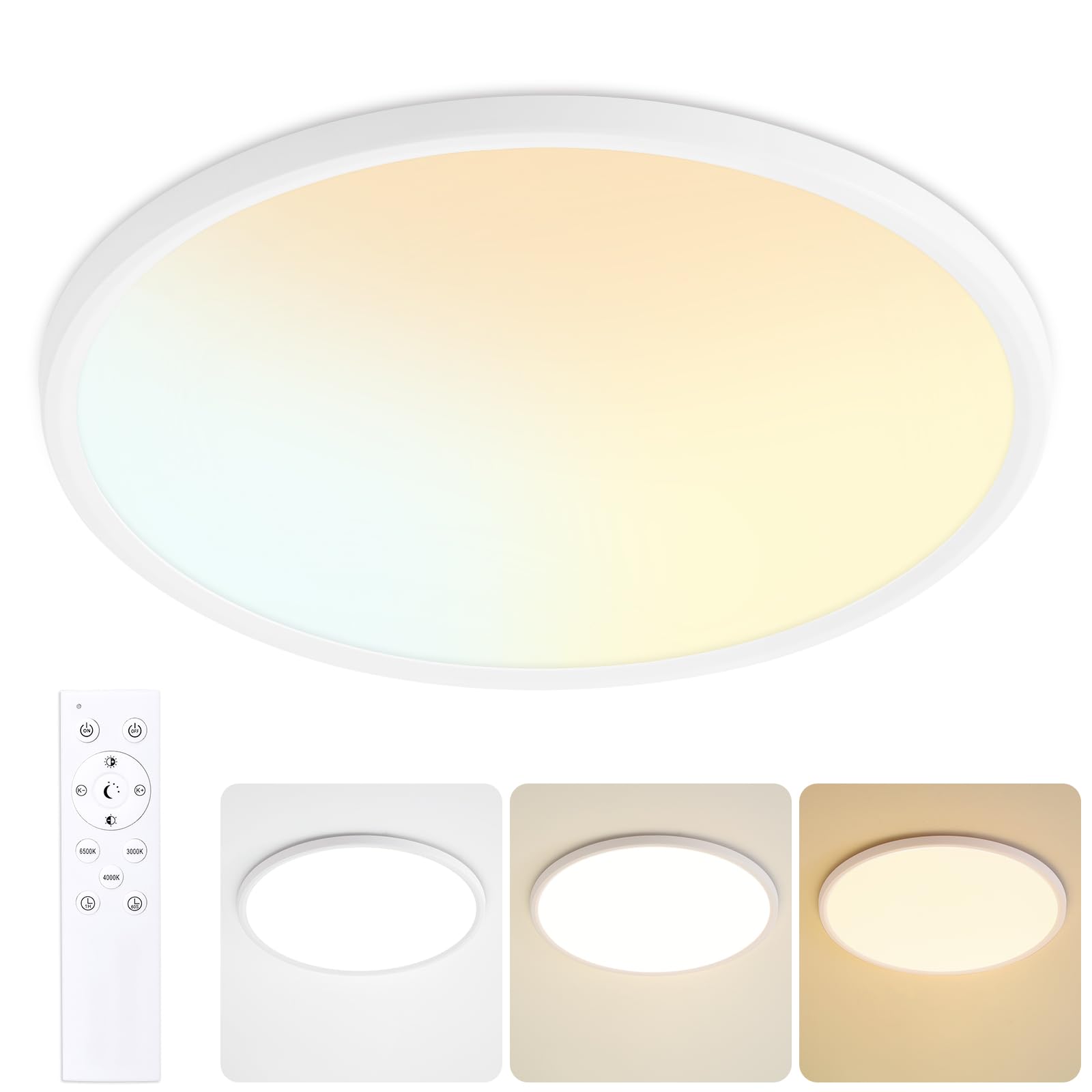 KIWIVIC 16 Inch Dimmable Ceiling Light Flush Mount 36W Remote Control LED Fixture 3600LM 3000K-6500K Adjustable Round Bright Lam