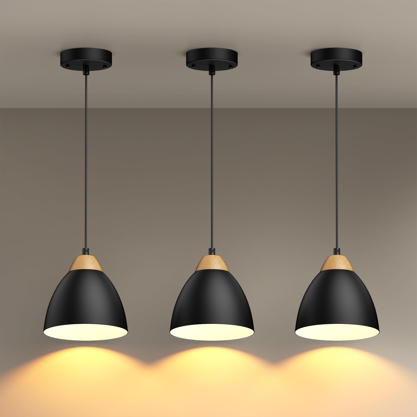 OTeedo 3 Pack Pendant Lights for Kitchen Island, 5.9 Cone Metal Shade Adjustable Height Black Small Hanging Lamps for Dining Roo