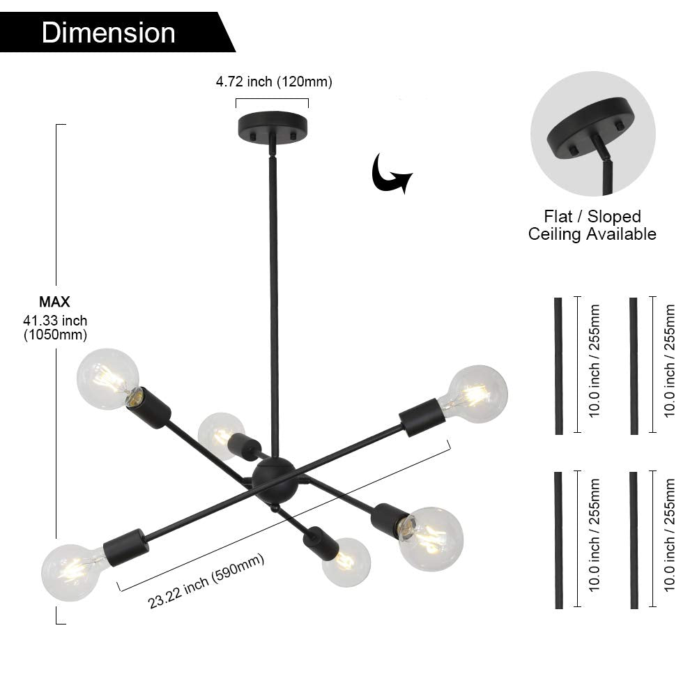 BONLICHT Sputnik Chandelier 6 Lights Metal Black Vintage Industrial Pendant Light for Kitchen Dining Room Bedroom Foyer