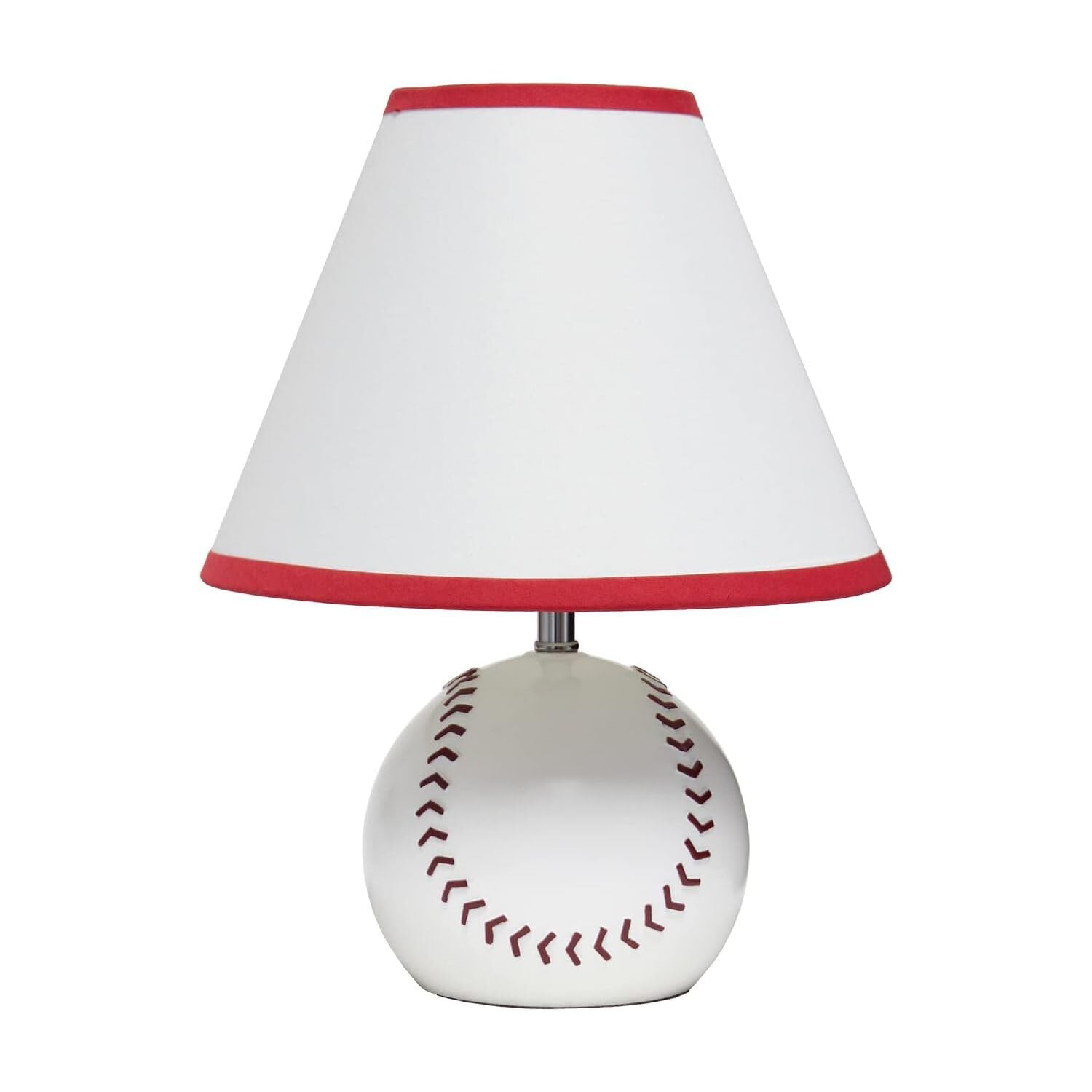 Simple Designs Lt1080-Bsb Sportslite 11.5&quot; Tall Athletic Sports Baseball Ceramic Bedside Table Desk Lamp W White Empire Fabric Shade W Red Trim For Kids' Room, Nursery, Bedroom, Game Room, Mancave