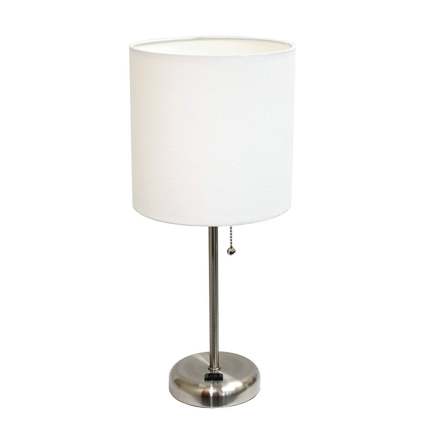Limelights Stick Lamp With Charging Outlet And Fabric Shade Contemporary/Brushed Steel/White