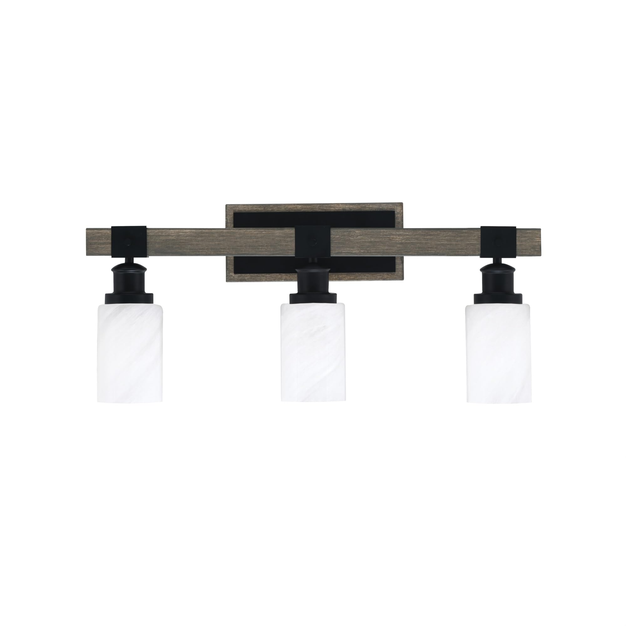 Toltec Lighting Tacoma 3 Light Bath Bar - Matte Black, Distressed Wood-Look Metal, 4in White Marble Glass