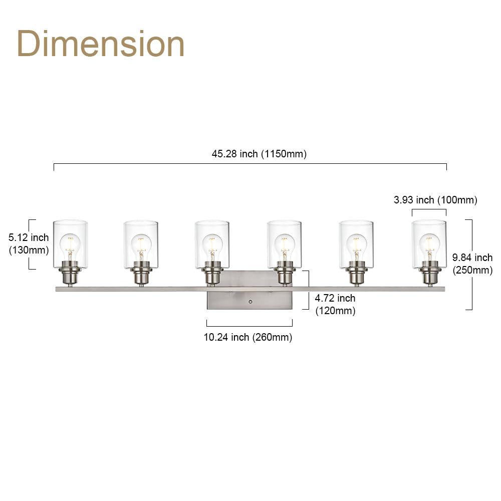 VINLUZ 6 Light Bathroom Lighting Fixture, Brushed Nickel, Glass Shade, Wall Mounted Vanity Light Over Mirror
