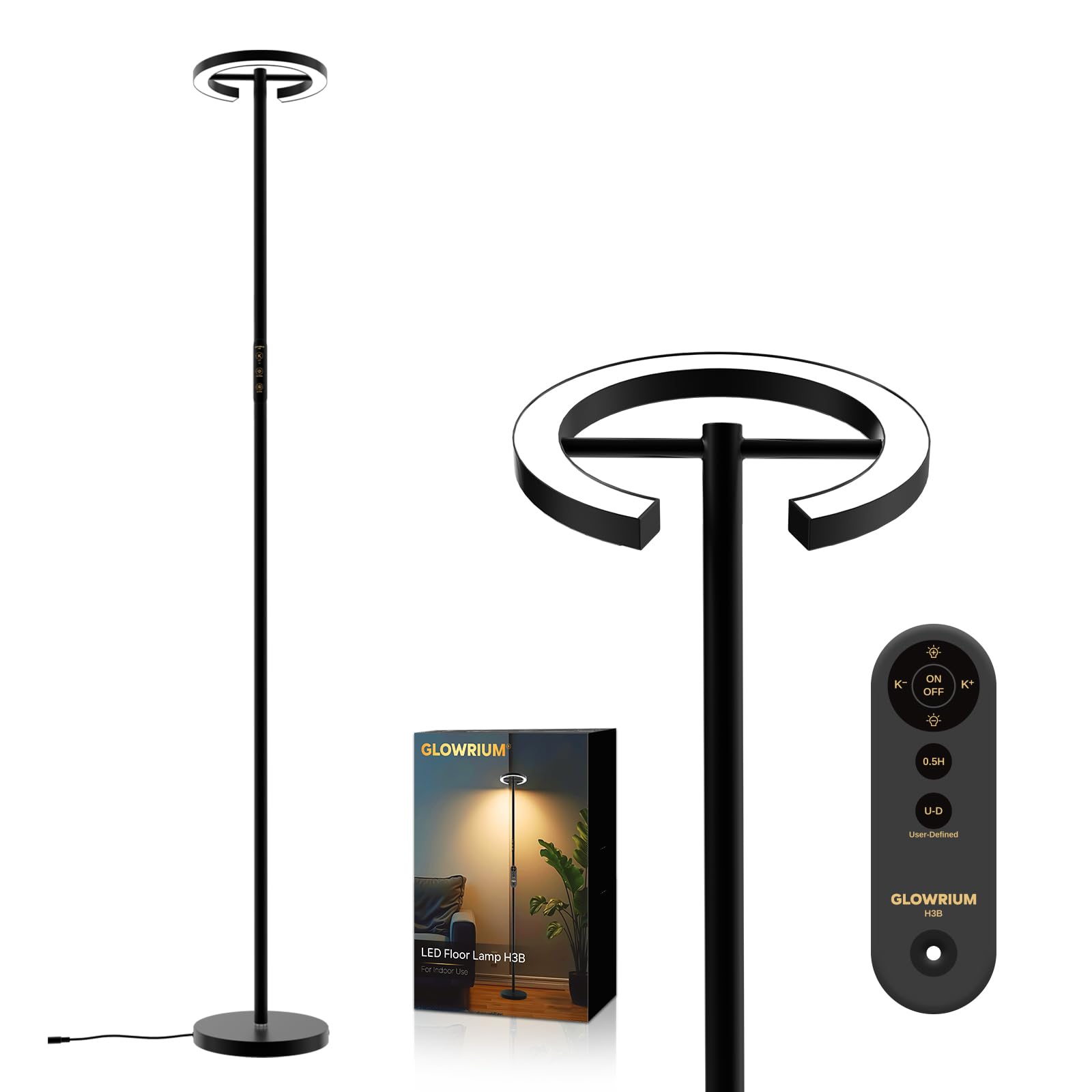 GLOWRIUM-H3B Floor Lamp with Remote,Floor Lamps for Living Room,Stepless Dimmable Rotatable Reading Floor Lamp, 2700-6500K,Moder