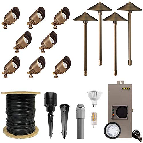 VOLT 12V Brass Bronze LED Landscape Lighting Kit (8 Spotlights, 4 Path Lights) with 150W Low Voltage Transformer for House, Yard