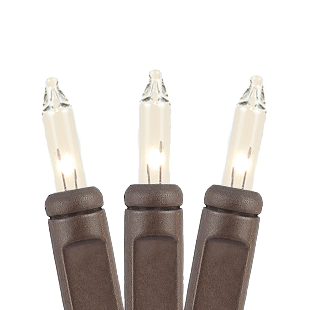 Novelty Lights 50 Feet 100 Bulbs Traditional Incandescent Mini Lights, Clear On Brown Wire With 6 Spacing, Commercial Grade And