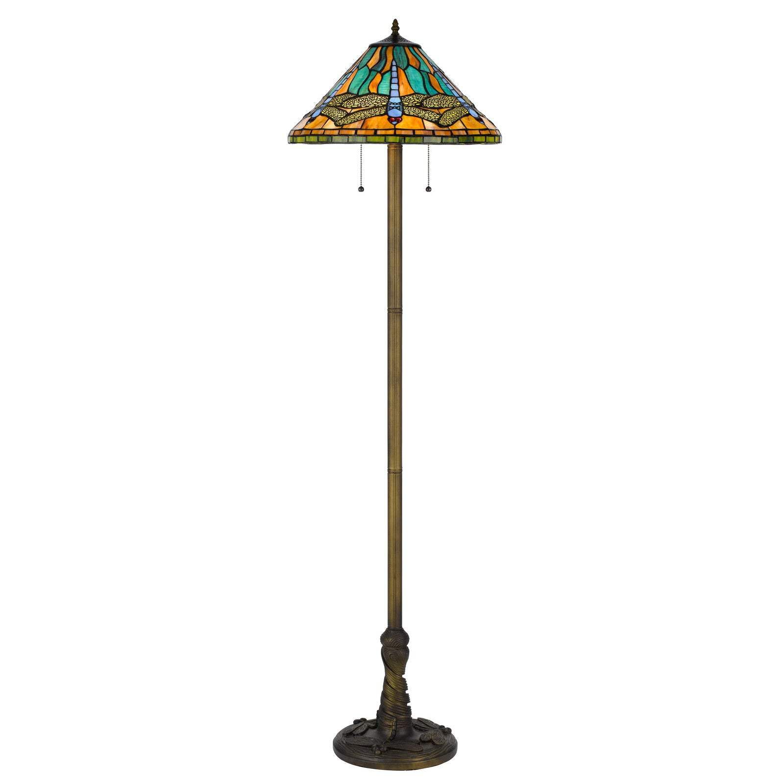 HomeRoots Brass Two Light Traditional Floor Lamp with Dragonfly Tiffany Glass Shade, 63 in., Blue & Orange