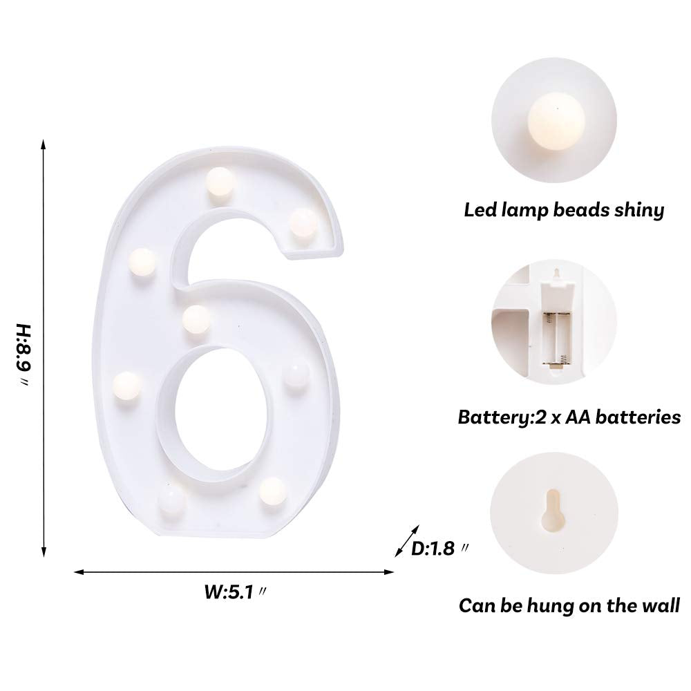 Foaky Decorative Led Light Up Number , Light Up Number Sign For Night Light Wedding Birthday Party Christmas Home Bar Decoration Number(6)