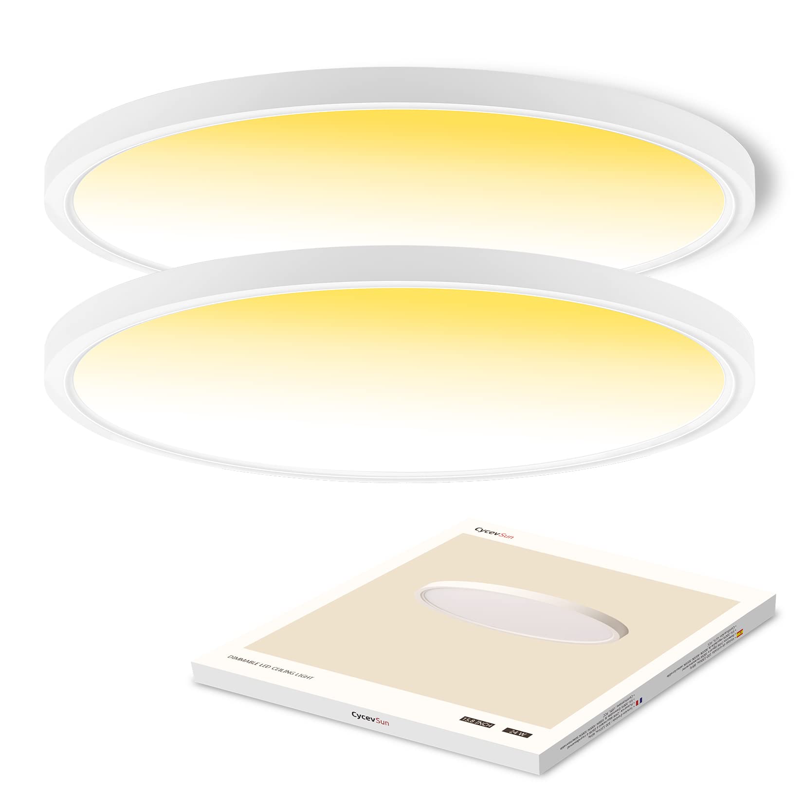 CycevSun LED Ceiling Light, Dimmable 3000K-5000K, 24W 2400LM, 15.8 Inch, White, 2-Pack, Model CL