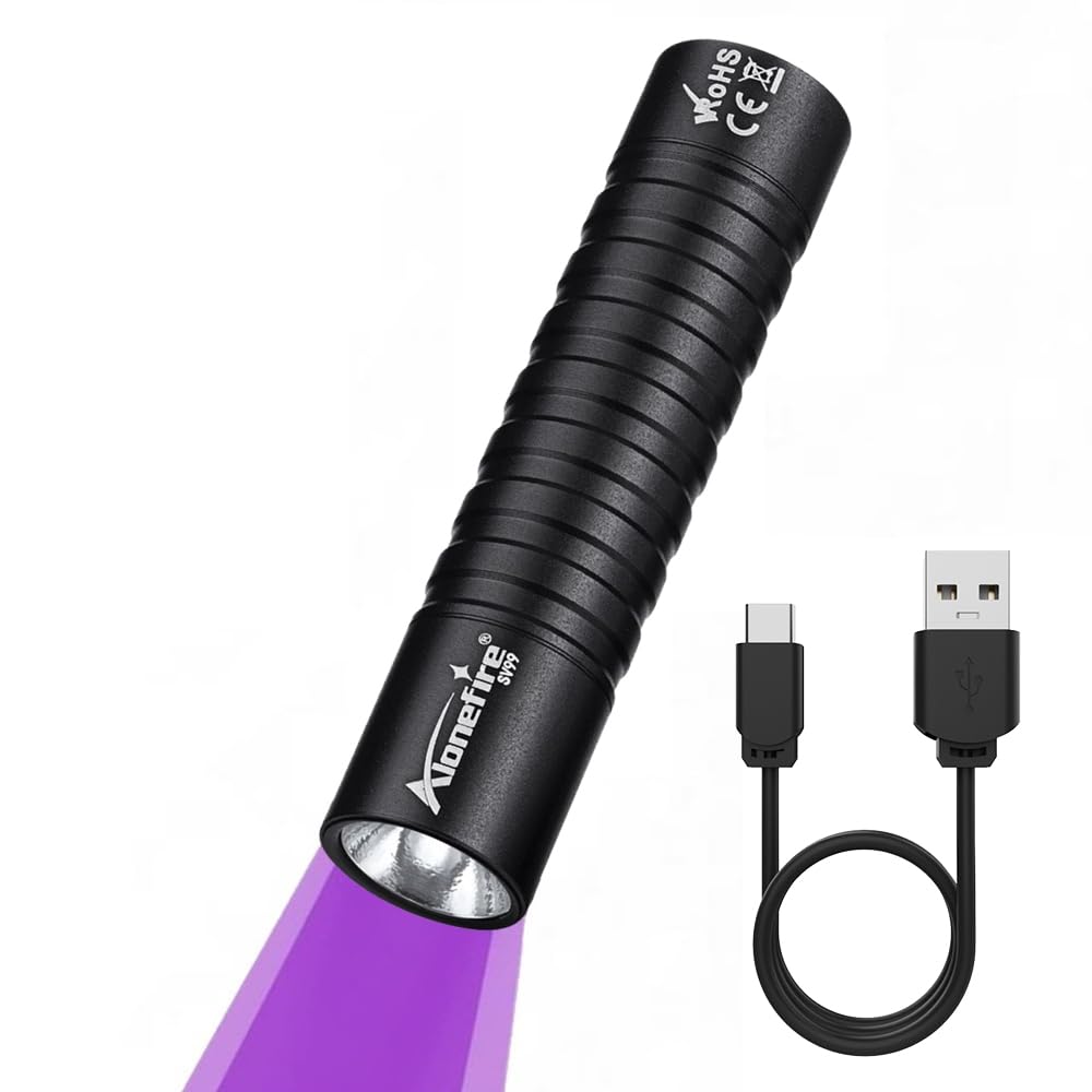 ALONEFIRE SV99 395nm UV Flashlight Small 3W Mini Black Light USB C Rechargeable Money Detector for Pet Urine Detector, Scorpion,