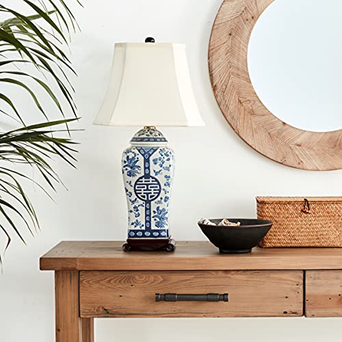 Red Lantern Vase Lamp, 26in Floral Blue & White, Wood and Porcelain, Model LMP-JCO-X2890