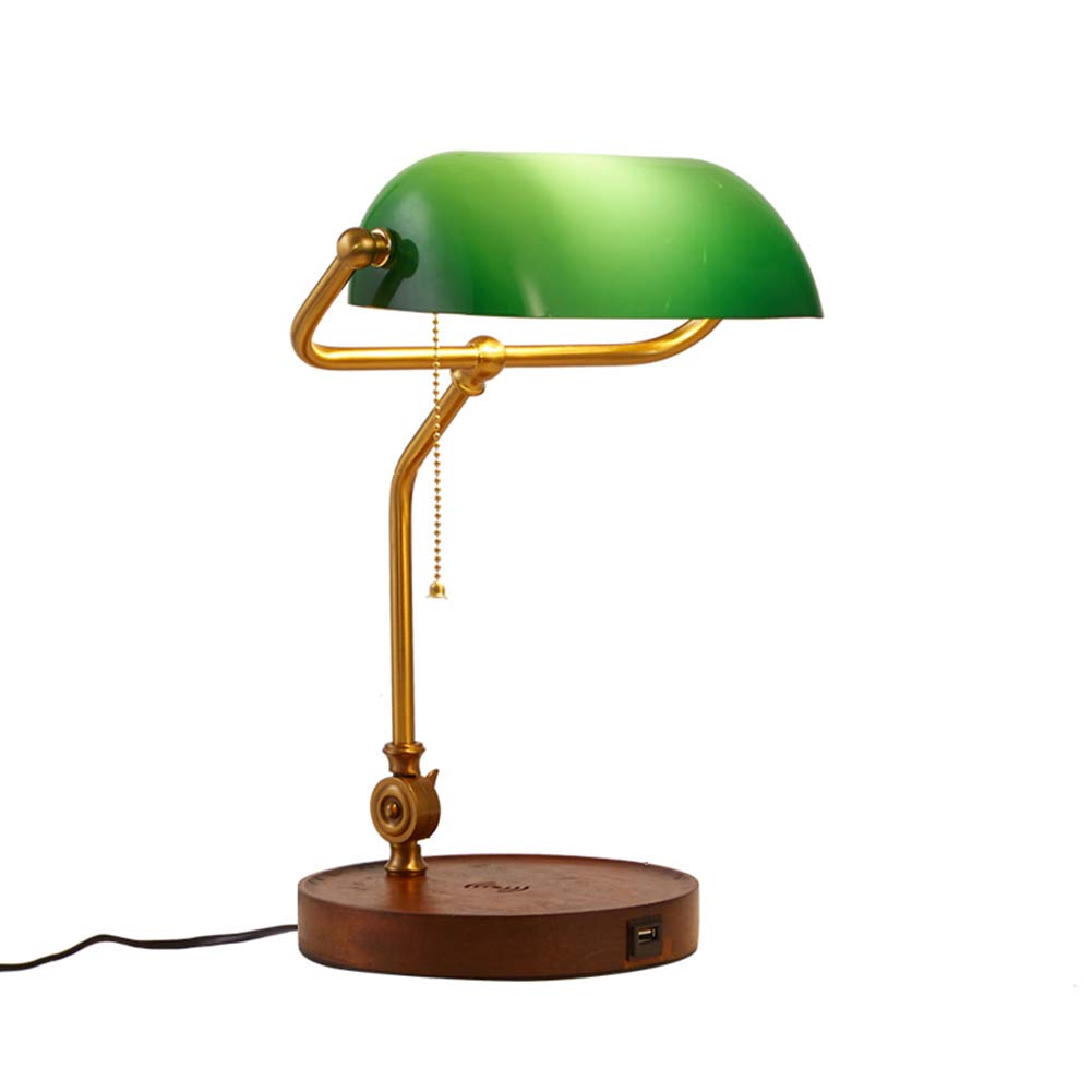 Hsyile KU300237 Rope Switch Retro Table Lamp with USB Charging Ports, with Green Retro Glass Lamp Shade for Living Room Bedroom