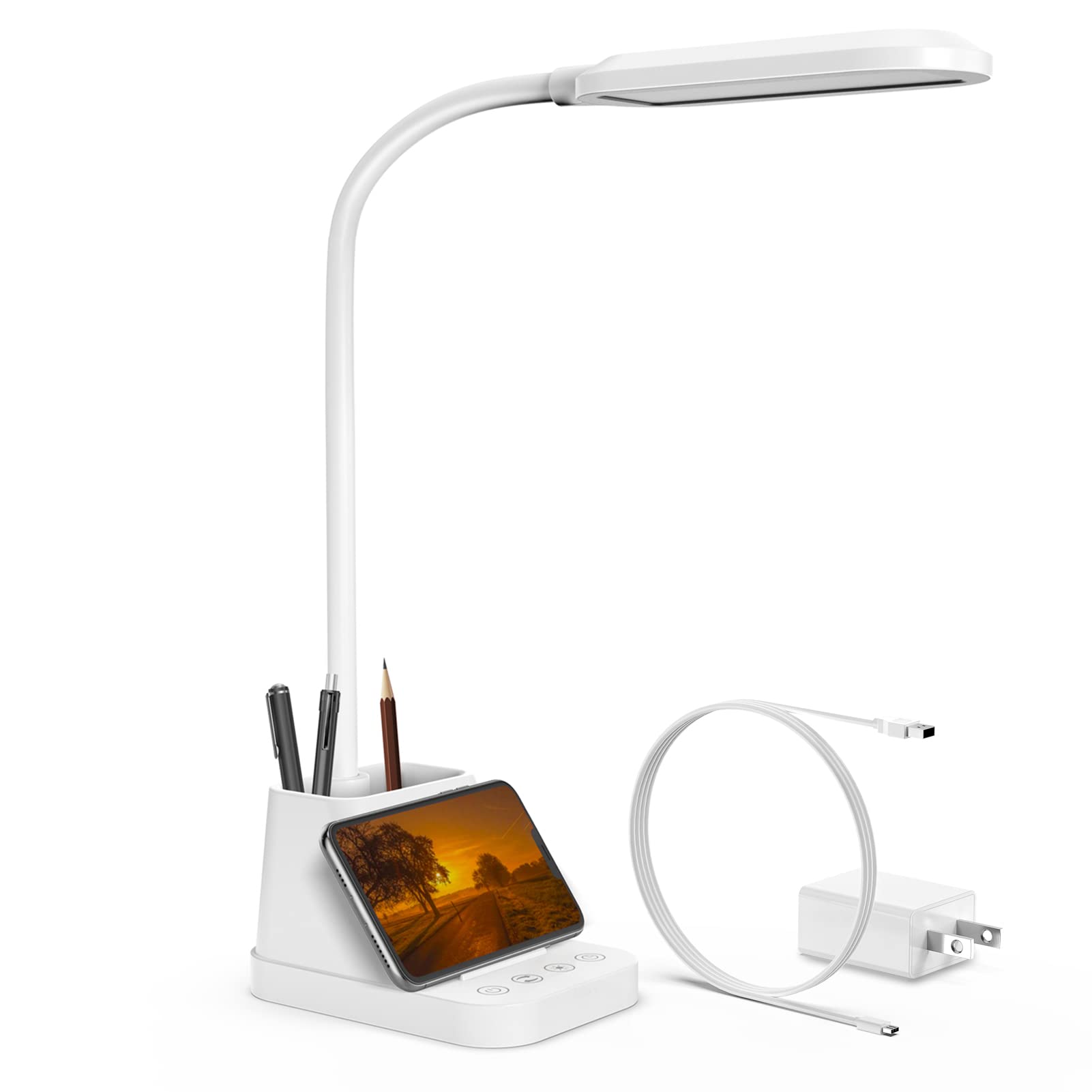 AXX Gooseneck LED Desk Lamp, USB Charging, 650LM, White, Model TU01, with Pen Holder for Home Office and Kids