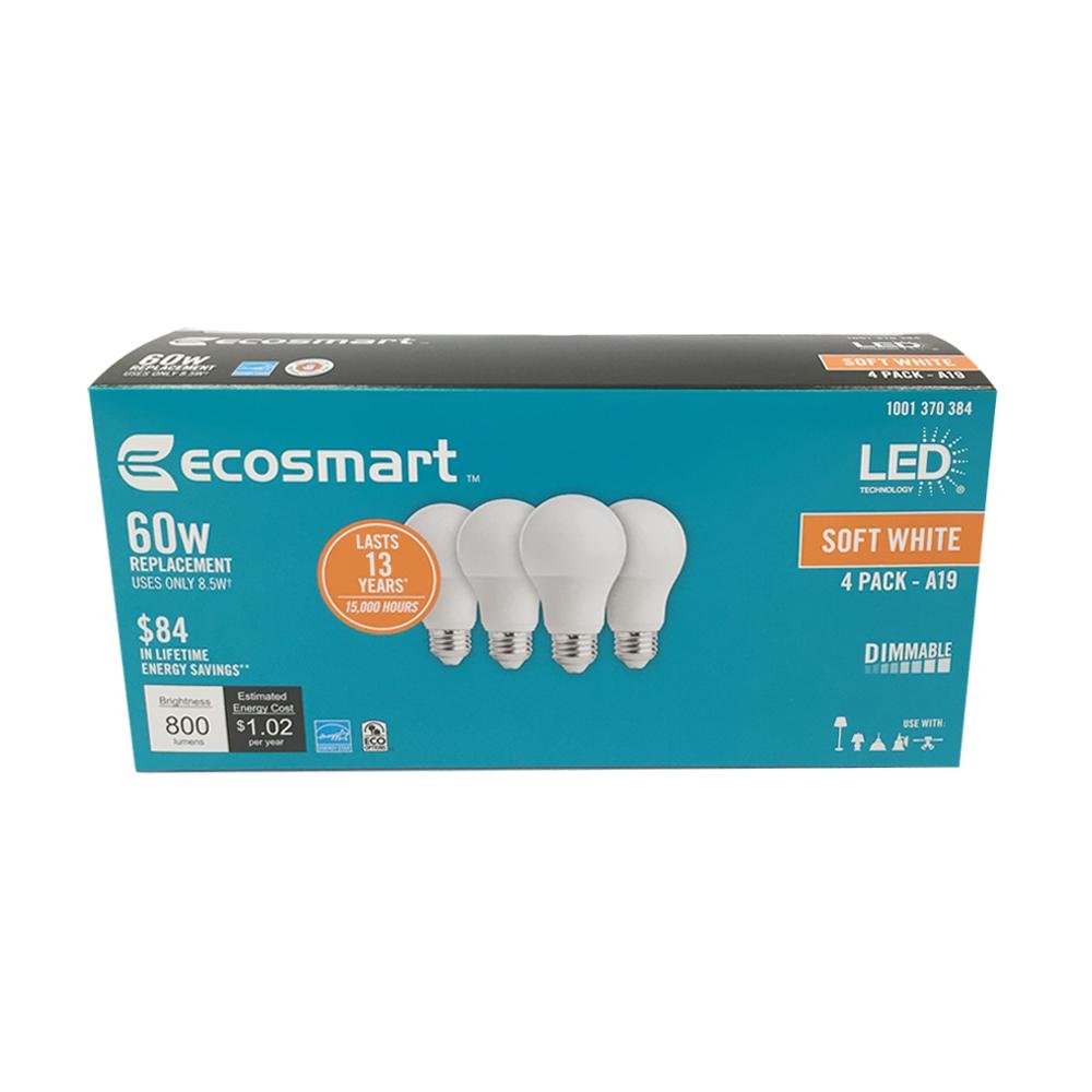Ecosmart 60W Equivalent Soft White A19 Energy Star + Dimmable Led Light Bulb (4-Pack)