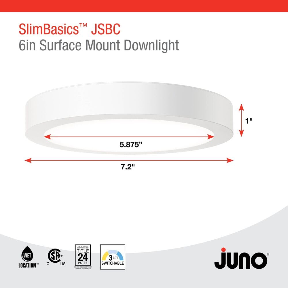 Juno Slim Basics 6 Inch Led Ceiling Light, Low Profile Surface Mount Downlight For Shower Or Closet Lighting, 3000K/4000K/5000K
