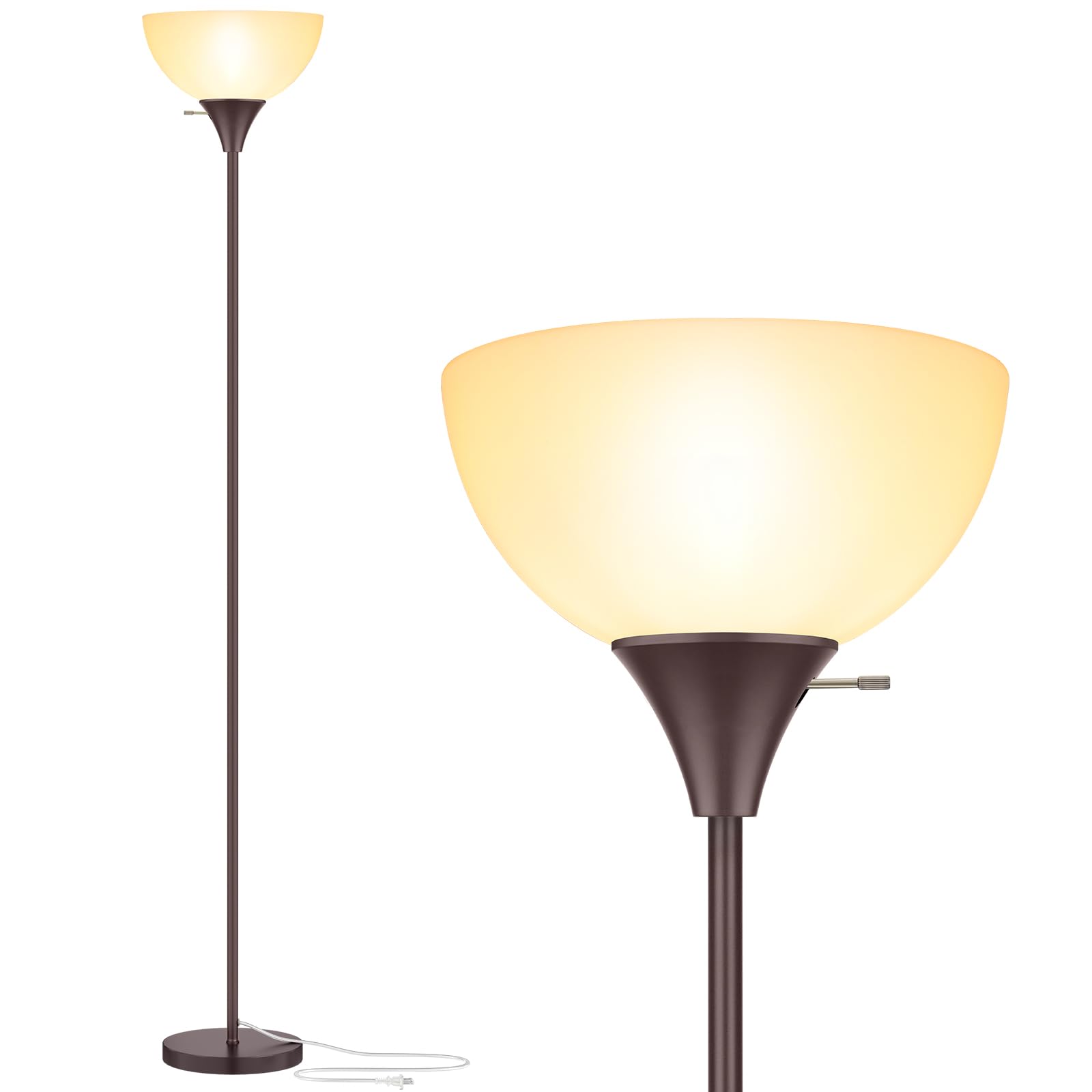 Coucrek LED Floor Lamp, Brown Metal Standing Light with White Shade, Rotary Switch, Model F073