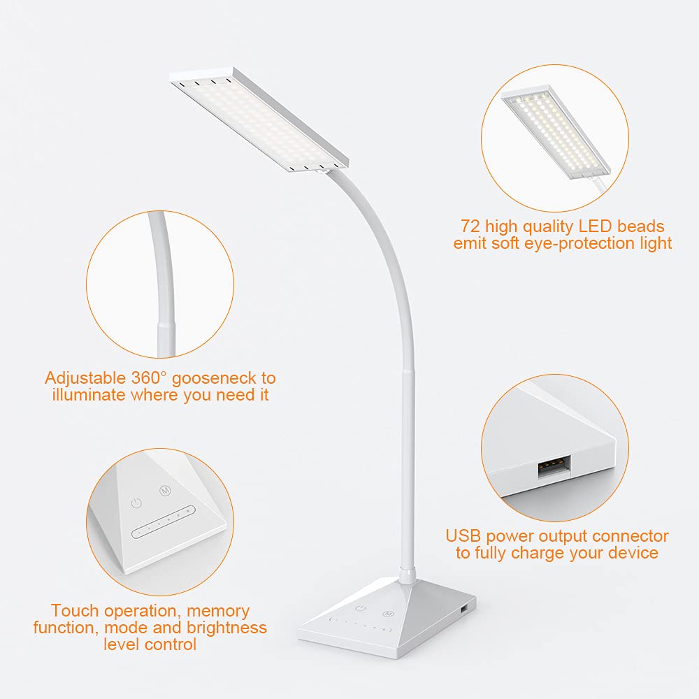 Vansuny LED Desk Lamp - 5 Color Modes, 6 Brightness Levels, Touch Control, Eye-Caring, White, with USB Charging Port for Office & Bedroom