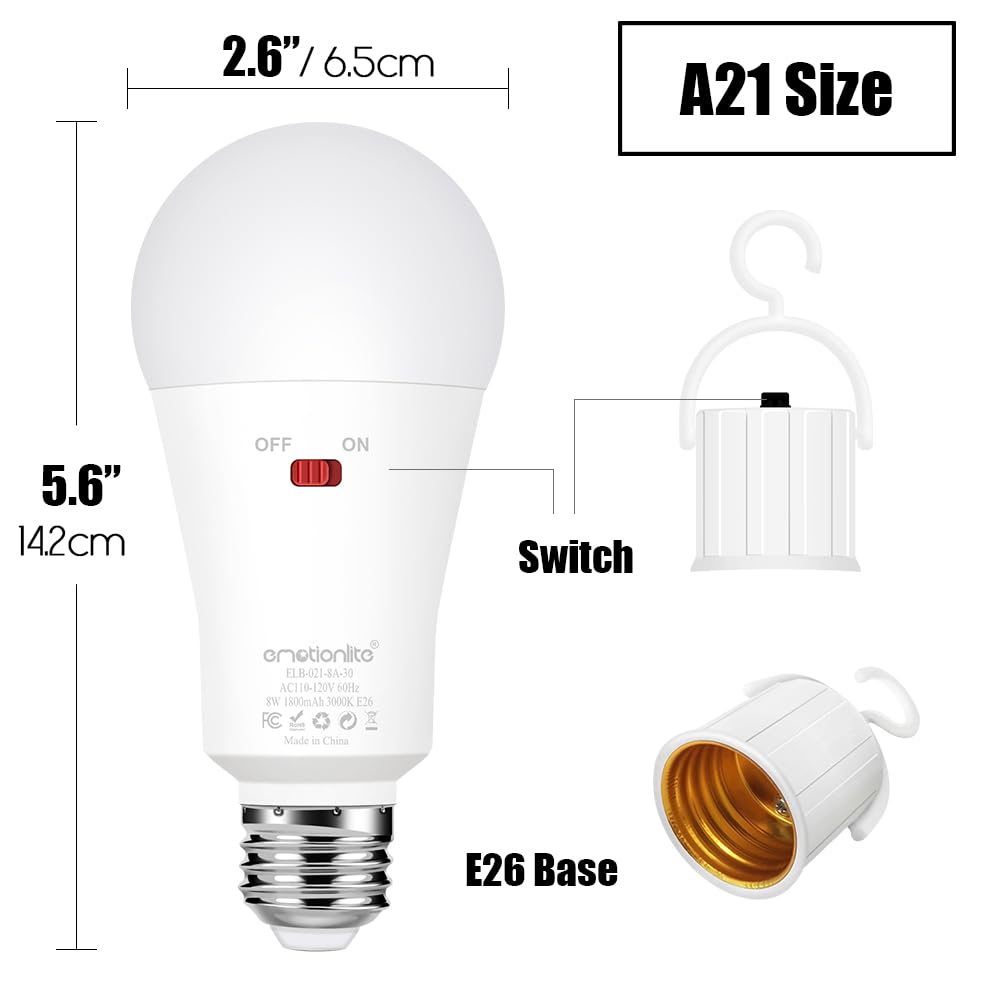 Emotionlite Rechargeable Emergency Light Bulb, 1800mAh, 3000K Warm White, E26 Base, 6 Pack, Dimmable Brightness for Home and Camping