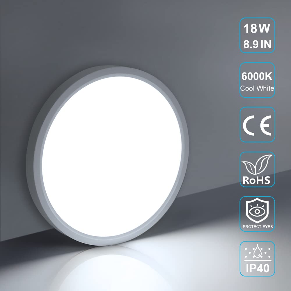 Lightingwill 8.9 Inch Led Flush Mount Ceiling Light Fixture, 6000K Cool White, 1800Lm, 18W, Flat Modern Round Lighting Fixture,