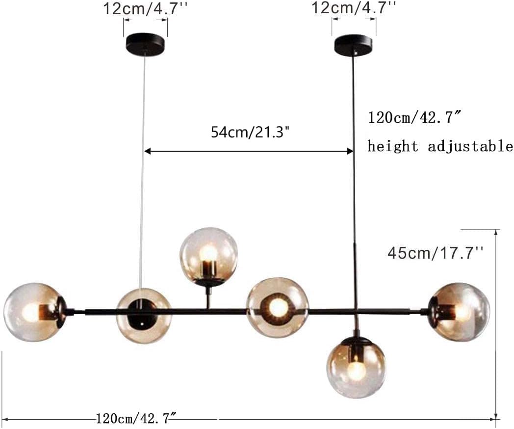 KCO 6-Light Modern Globe Sputnik Chandelier, Black+Amber Metal Pendant Light, Adjustable Dining Room Fixture, Model L1039-Black