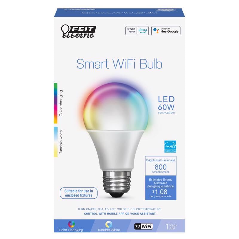FEIT Electric A19 E26 (Medium) Smart WiFi LED Bulb Color Changing 60 Watt Equivalence 1 pk