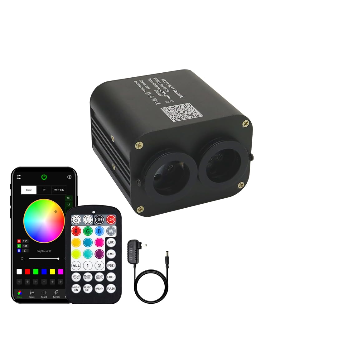 AZIMOM Dual Color 20W Fiber Optic Light Source RGBW Light Box Engine Diver Bluetooth/RF Remote Control Music Sensor Mode for Car