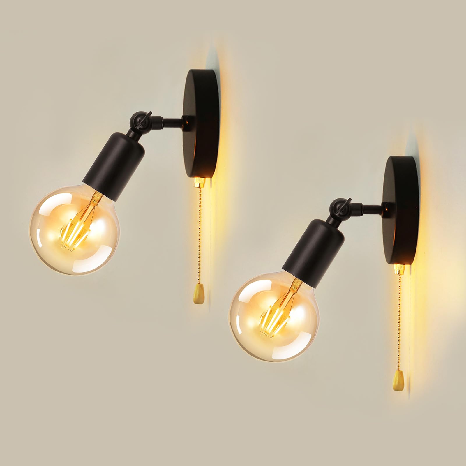 JZCDR 2-Pack Pull Chain Wall Sconce Adjustable, Hardwired Wall Light Fixtures with Switch Indoor E26 Small Black Sconces with Pu