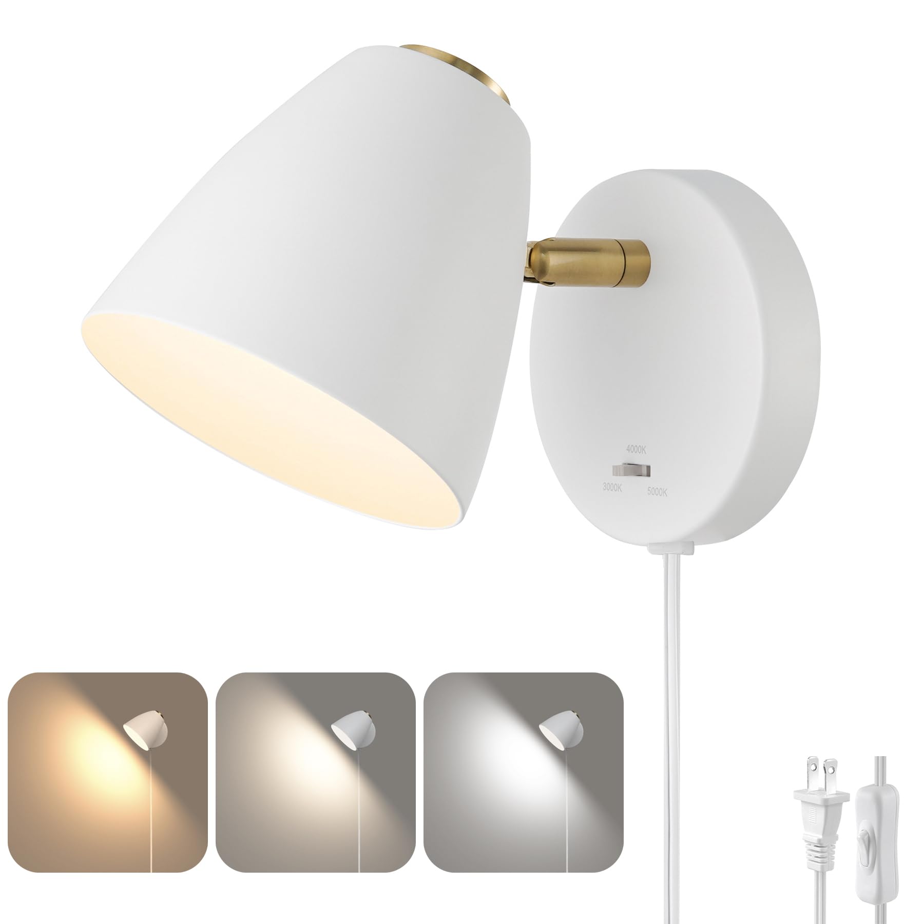 OIYIO Modern Plug in Wall Light, Adjustable 100°&330° Angle, LED Sconce, Metal, White, Model DX23009W1N