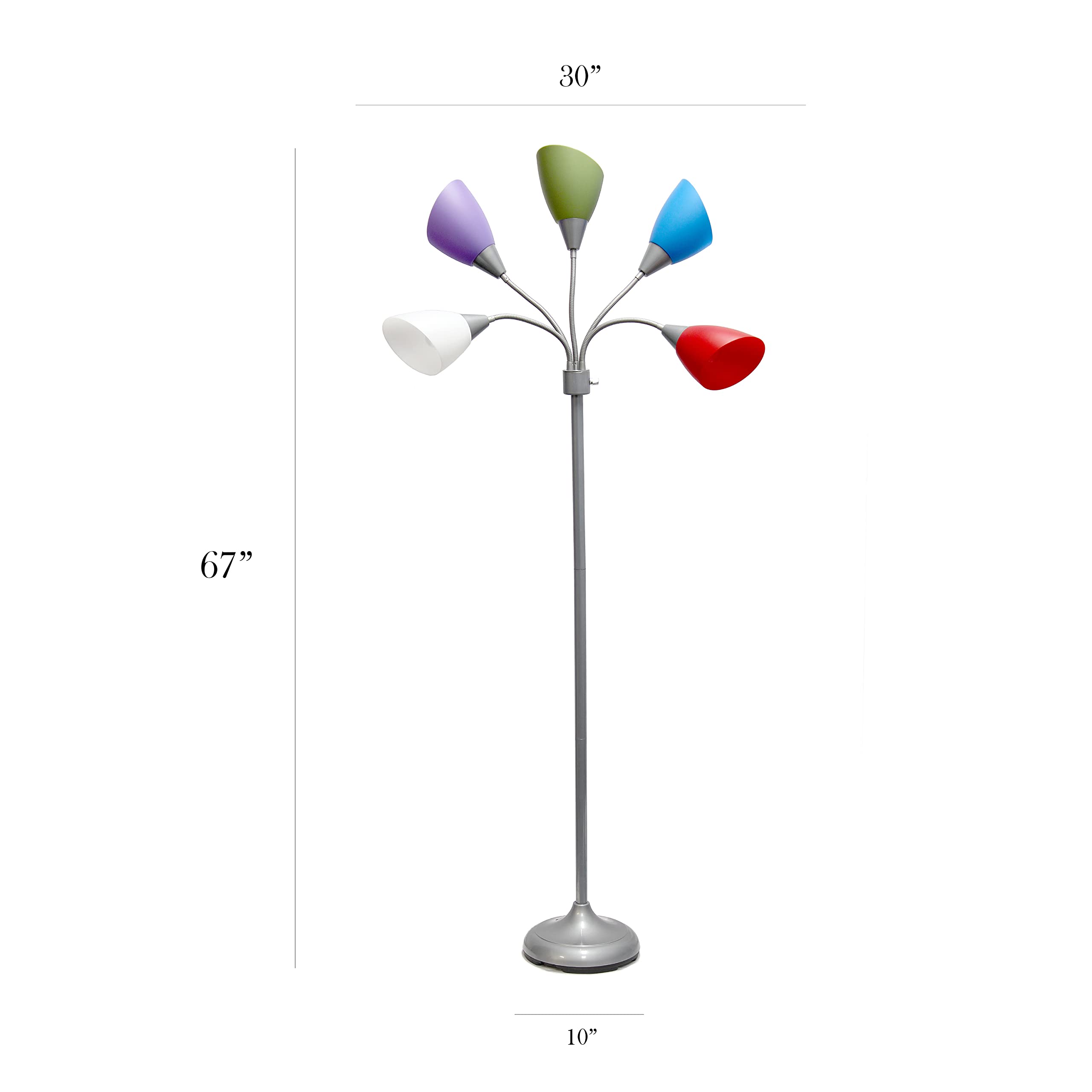 Simple Designs LF2006-SDM 67" Adjustable Gooseneck Silver Floor Lamp with Multicolored Shades for Kids Bedroom, Playroom, and Office