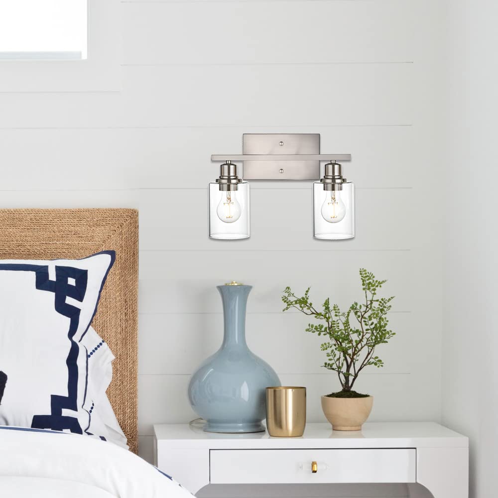 VINLUZ Modern Bathroom Vanity Light, 2-Light Wall Sconce, Brushed Nickel Finish, Metal Base, Clear Glass Shade