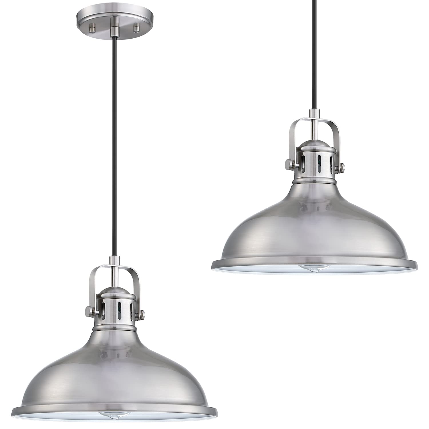 12 Inch LED 2 Pack 1 Light Pendant Light Industrial Vintage Fixtures Metal Chandelier Lights with Brushed Nickel Finish,Ceiling 