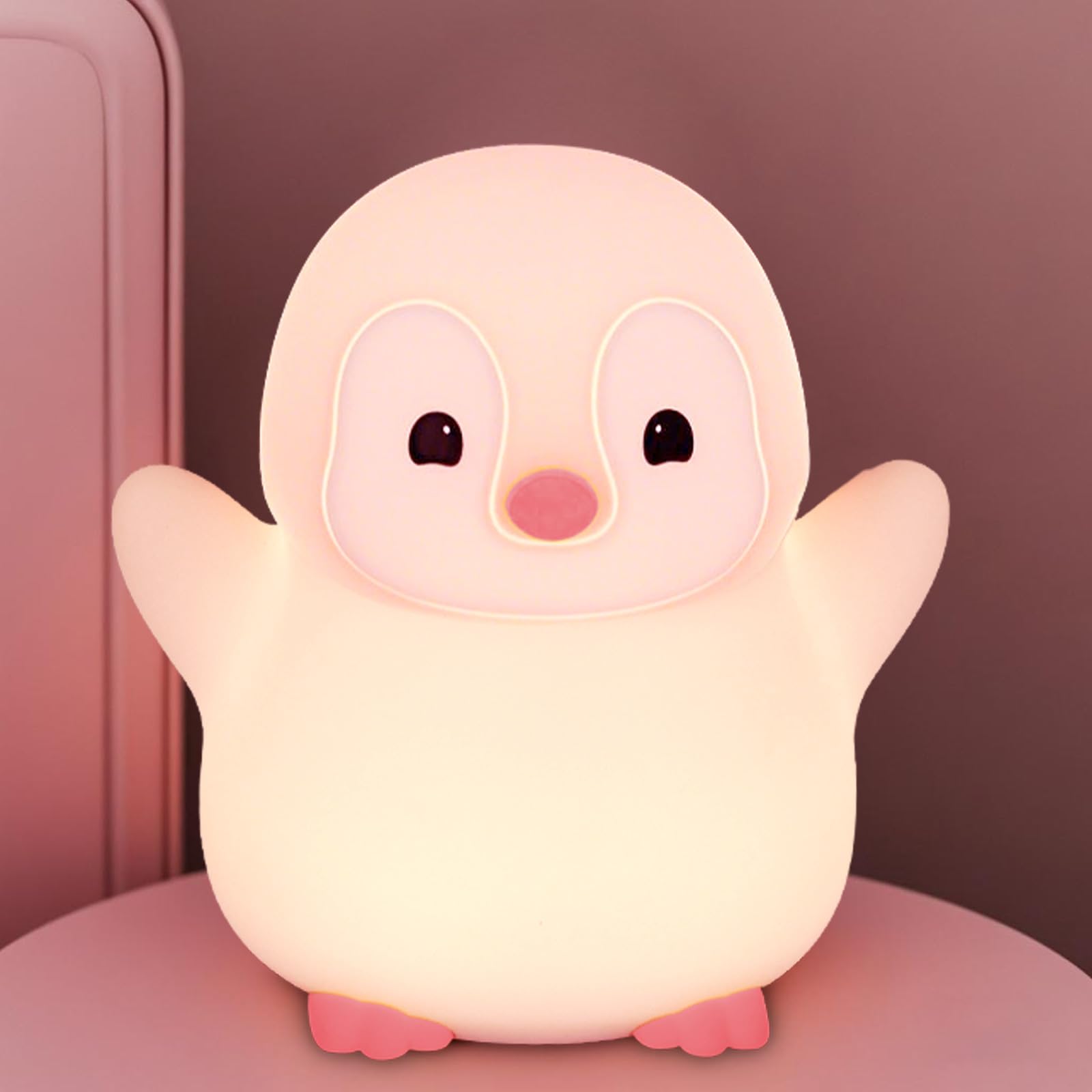 FAMIDUO Pink Penguin Night Light,Food Grade Soft Silicone Nursery Nightlight for Baby,LED Squishy Novelty Animal Bedside Lamp,Re