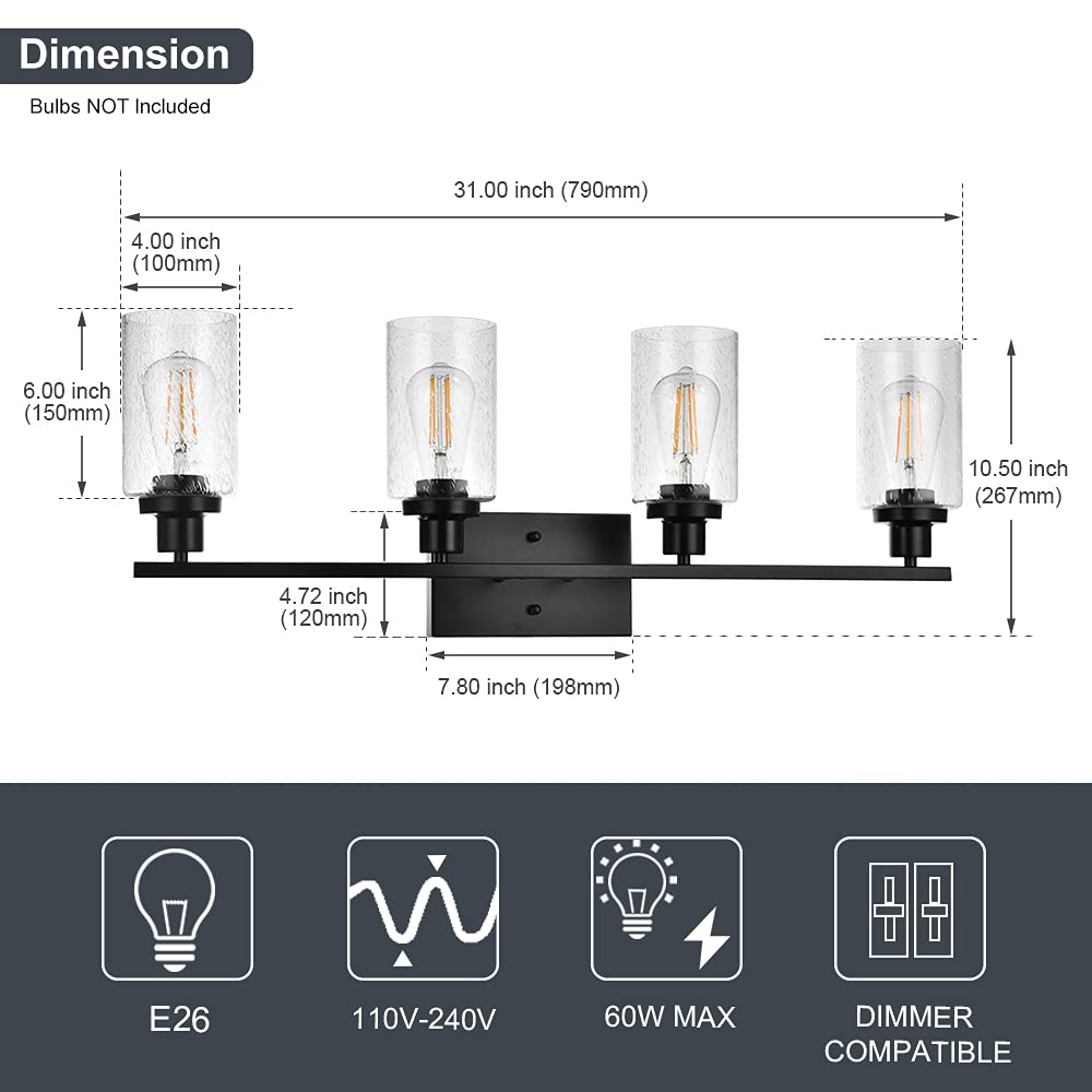 Winshen Black 4-Light Bathroom Light Fixtures With Seeded Glass Shade, 31-Inches Length Farmhouse Vanity Lights Over Mirror For