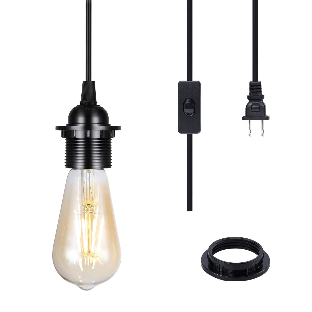 2-Pack Plug In Pendant Light, Huibona 15Ft Vintage Hanging Lantern Light Cord E26/E27 Socket, Black Pendant Light Kit With In-Line On/Off Switch And Lampshade Ring
