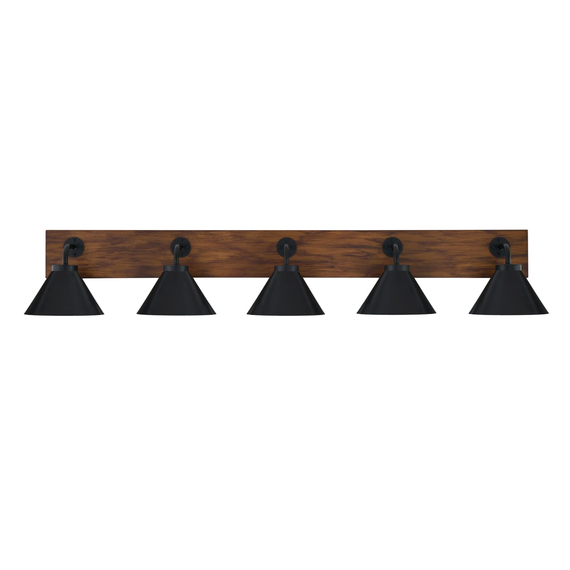 Oxbridge 5 Light Bath Bar In Matte Black & Painted Wood-Look Metal Finish With 7" Matte Black Cone Metal Shades