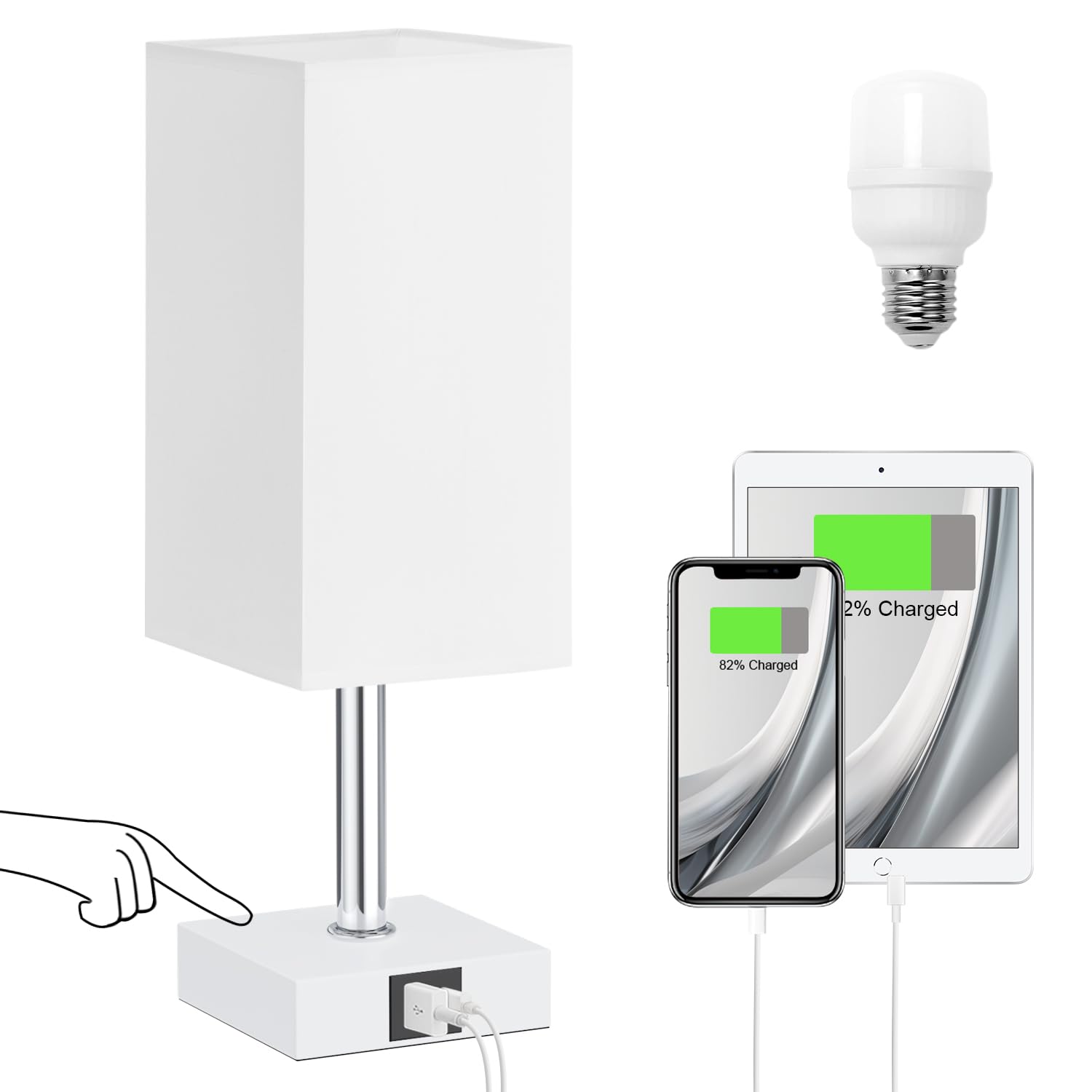 Ambimall Touch Control Table Lamp, USB A+C Ports, 3 Way, Metal, White Shade, Model RPT-1104