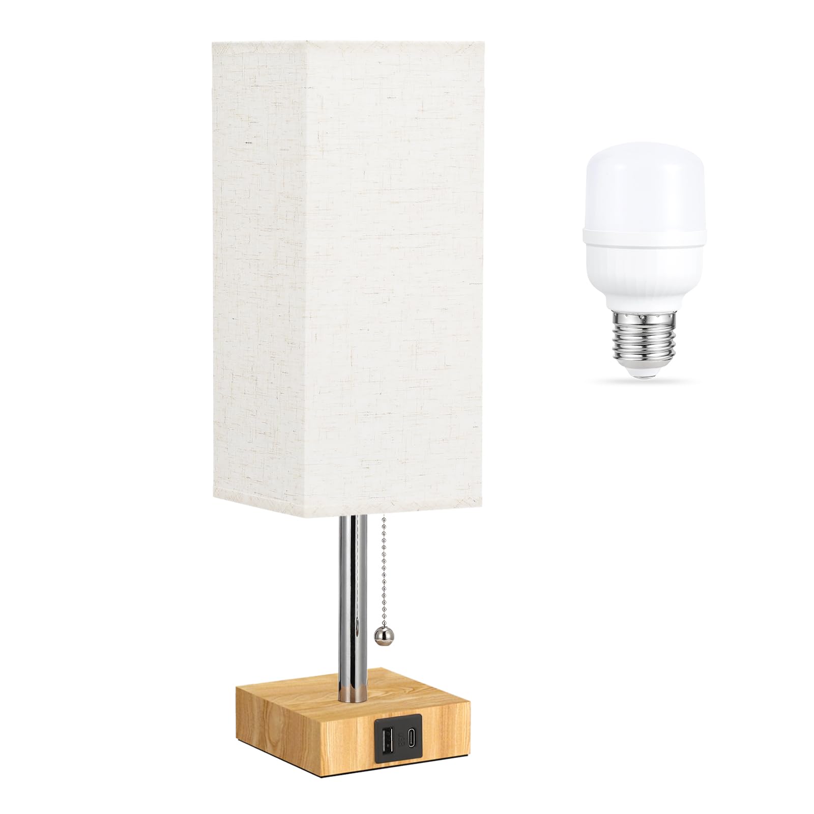 aooshine Beige Small Table Lamp - 3 Color Temperatures, USB Ports, Wood-Grain Base, 14.3in, Model S10-17