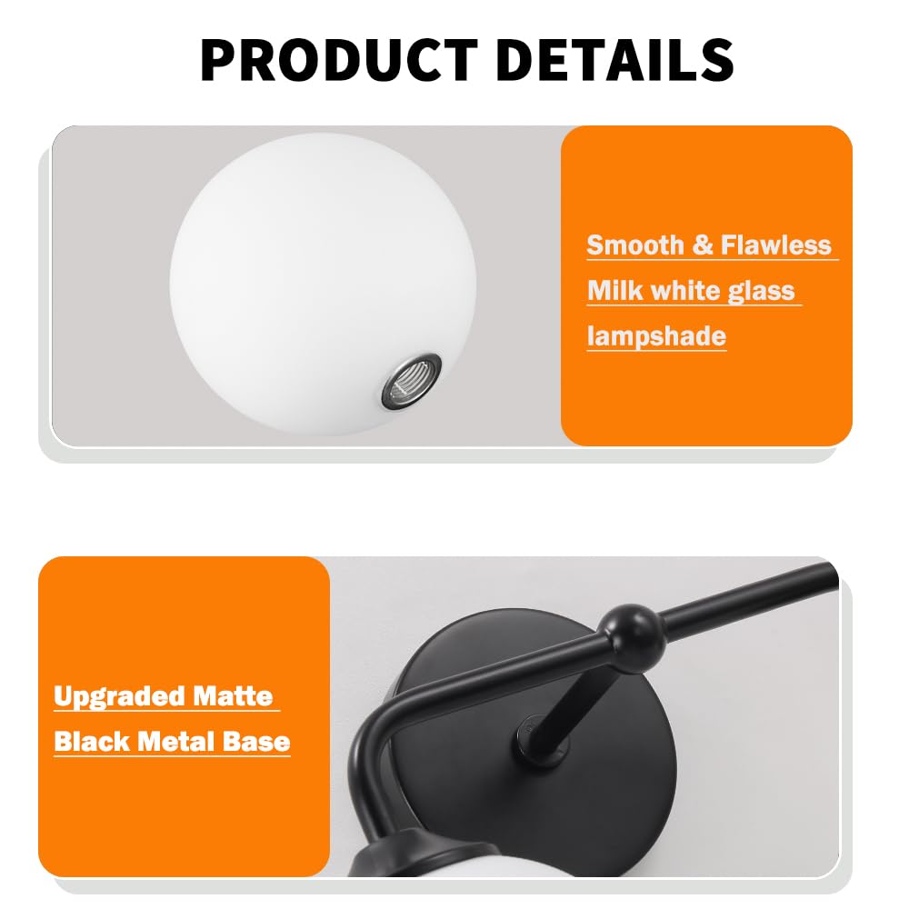 Industrial Matte Black 2-Lights Bathroom Light Fixtures  Vanity Wall Sconce Lighting With Milky White Glass Shade  Modern Bathroom Vanity Lighting  Wall Sconces Over Mirror Dressing Table Bedroom