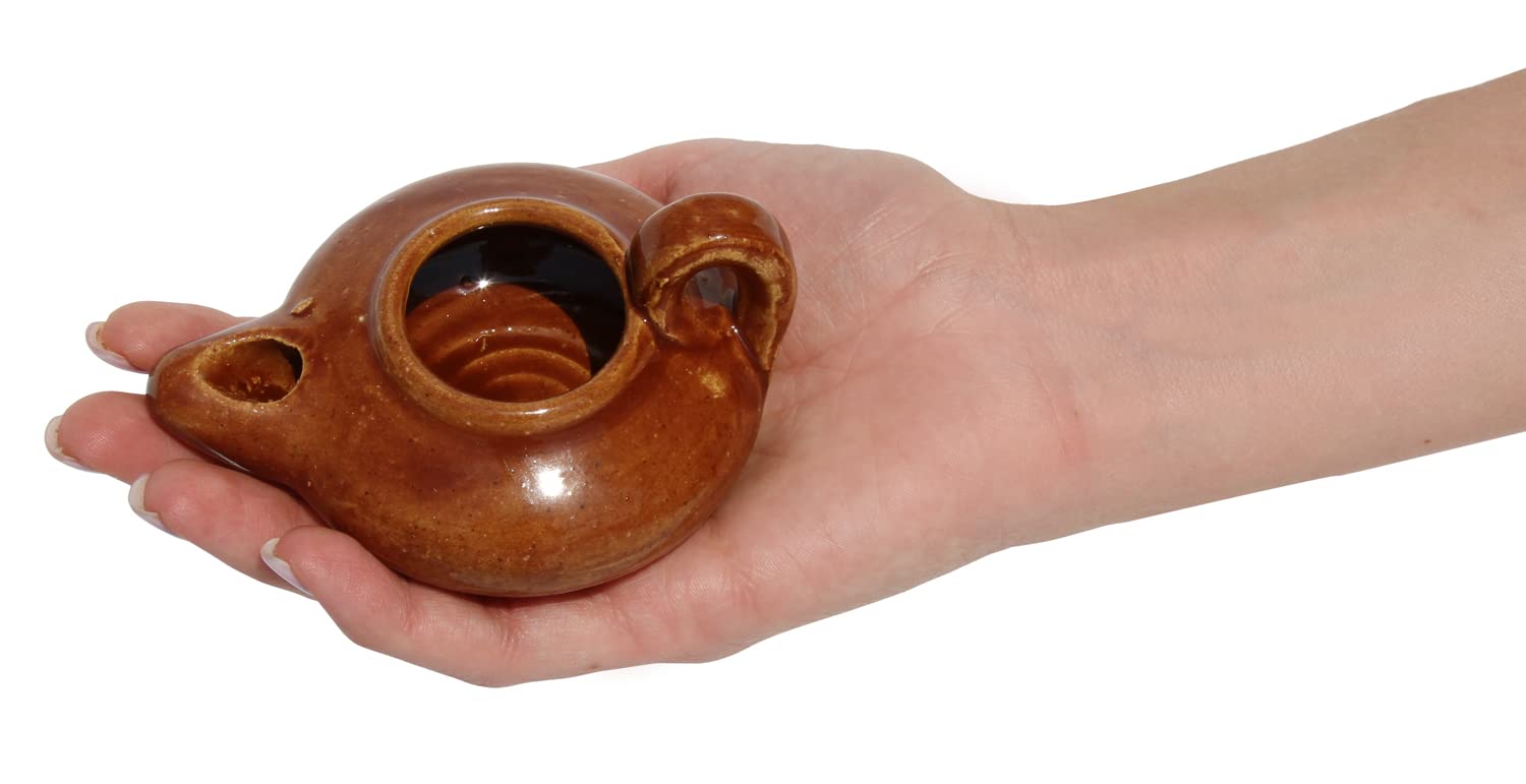 THE JERUSALEM GIFT SHOP Herodian Biblical Clay Oil Lamp - Glazed Brown, Model HOL, Religious Gift for Christian Faith
